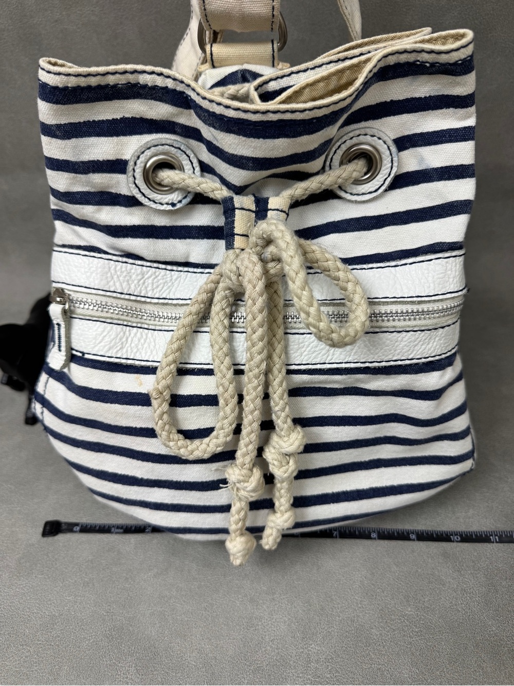 Striped Navy & Cream Rope-Drawstring Canvas Backpack - Picture 7 of 11